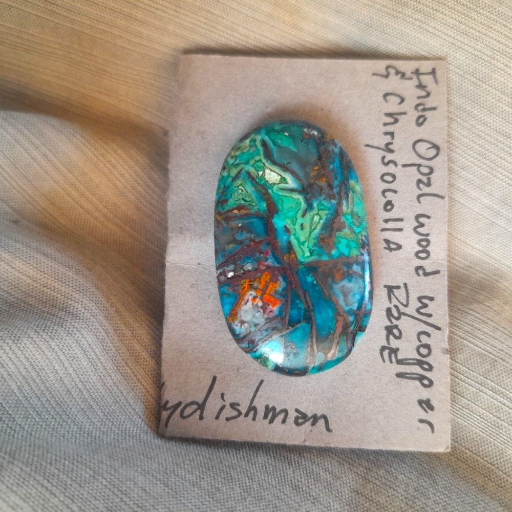 Rare & stunning Indonesian Blue Opal Wood w/ Copper and Chrysocolla Cabochon